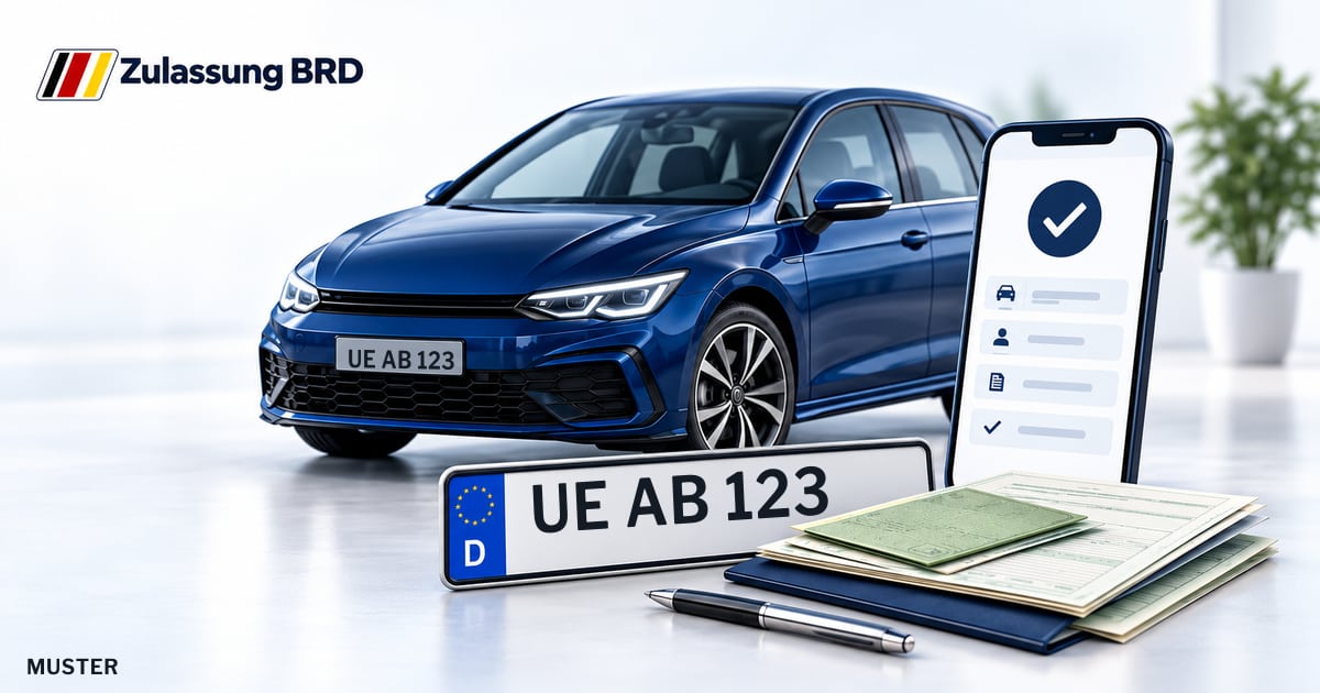 Online Fahrzeugzulassung in Uelzen: Musterkennzeichen UE AB 123, Auto und Fahrzeugpapiere und Smartphone. Illustration mit Logo von Zulassung BRD.
